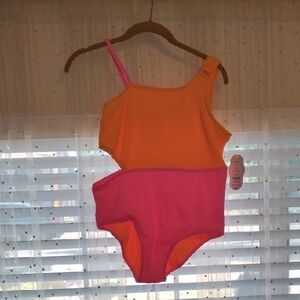 Wonder Nations 1 Piece Orange & Pink One-Shoulder Swimsuit Size: XL (14-16), NWT